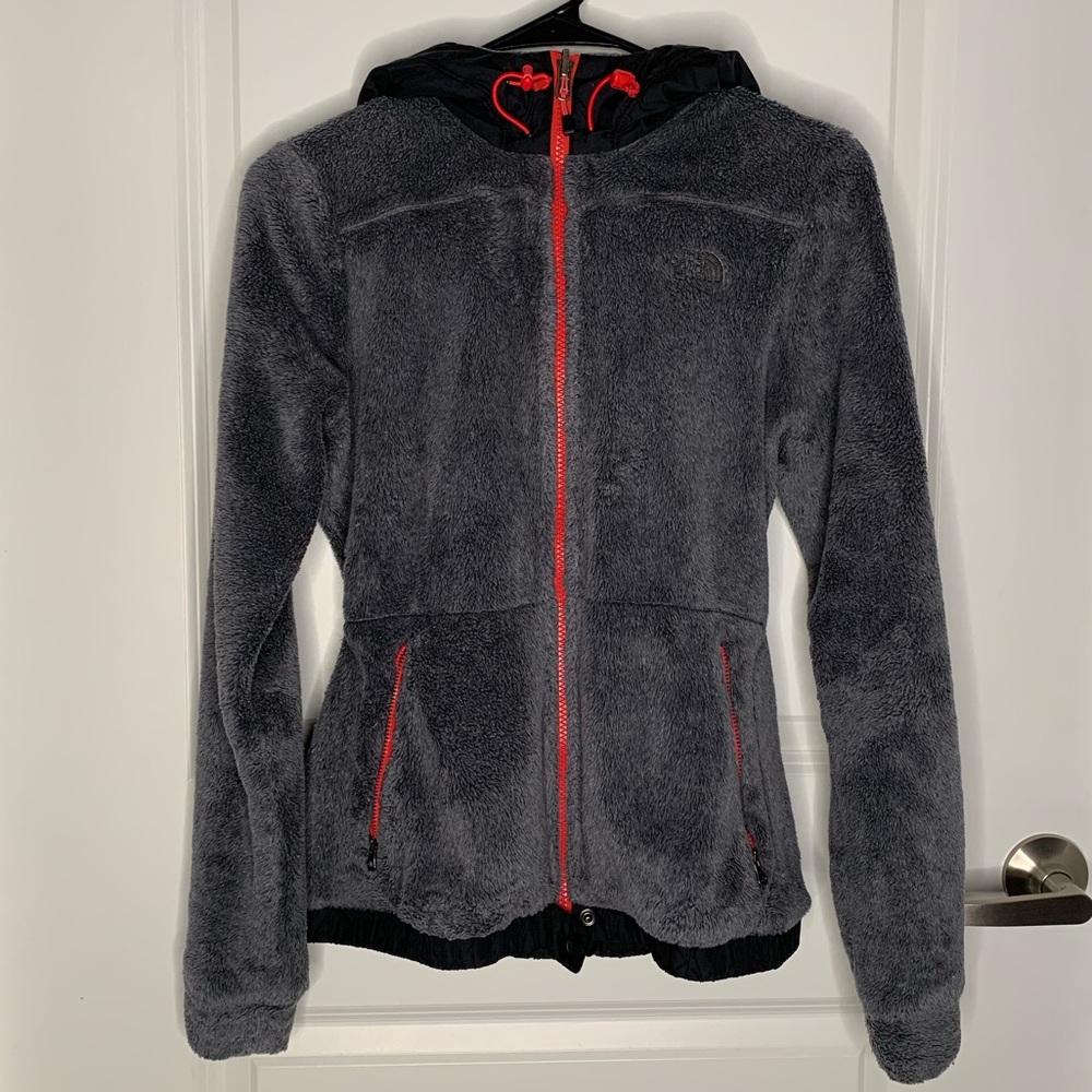 Grey black north face jacket (furry)